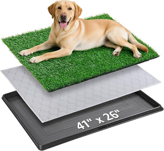 Dog Grass Large Patch Potty Tray, Dog Litter Box, Artificial Grass Mat Bathroom Turf for Pet Training, Washable Puppy Pee Pad, Perfect Indoor/Outdoor Portable Potty Pet Loo (Tray 41''x26'')-PawvioPets