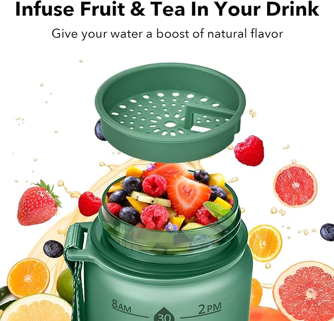 32oz Motivational Water Bottles with Time Marker & Fruit Strainer, Transparent Gradient Color Water Bottle with Times to Drink, Leakproof & BPA Free, Reusable Bottle with Strap (No Straw)-PawvioPets