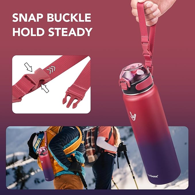 Enerbone 32 oz Insulated Water Bottle, Stainless Steel Bottle with Carrying Strap, Double-Wall Vacuum Insulation Design, Leakproof Sports Bottle with Straw, Keep Drinks Cold or Hot for Hours-PawvioPets