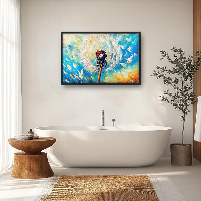Extra Large Abstract Dandelion Framed Wall Art for Living Room,Oversized Colorful Dandelion Flower Pictures Wall Decor,Blue Canvas Print Painting Modern Artwork Bedroom Office Bathroom 36L" x 24W"-PawvioPets