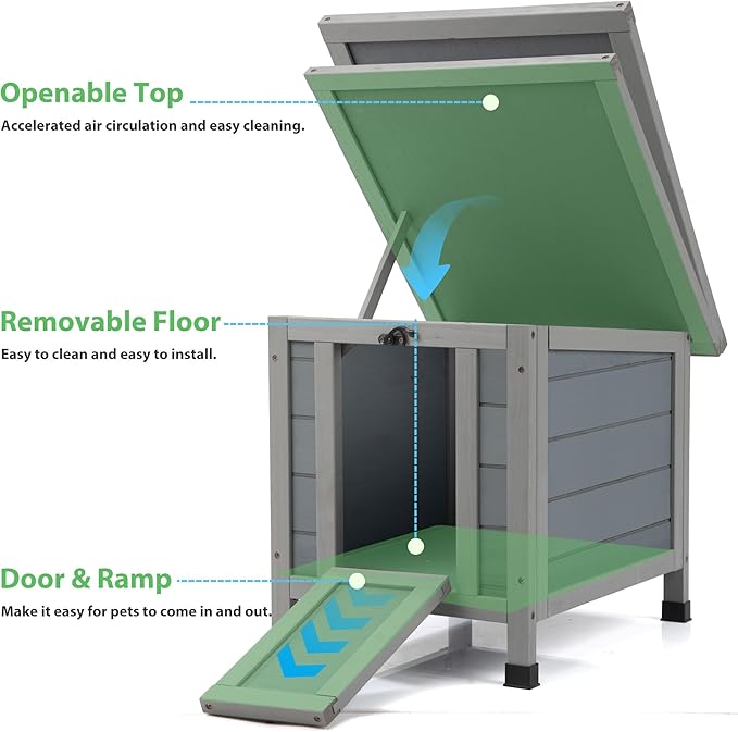 Coziwow Rabbit Hutch, Outdoor Cat House Weatherproof, Bunny Cage Indoor with Openable, Portable Small Animals Shelters with Nonslip Ramp for Hideout Rabbits/Feral Cats/Chicken/Duck/Small Animals-Gray-PawvioPets