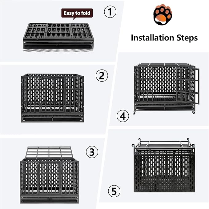 48/42 Inch Heavy Duty Indestructible Dog Crate Steel Escape Proof, Indoor Double Door High Anxiety Cage, Kennel with Wheels, Removable Tray, Extra Large XL XXL-PawvioPets