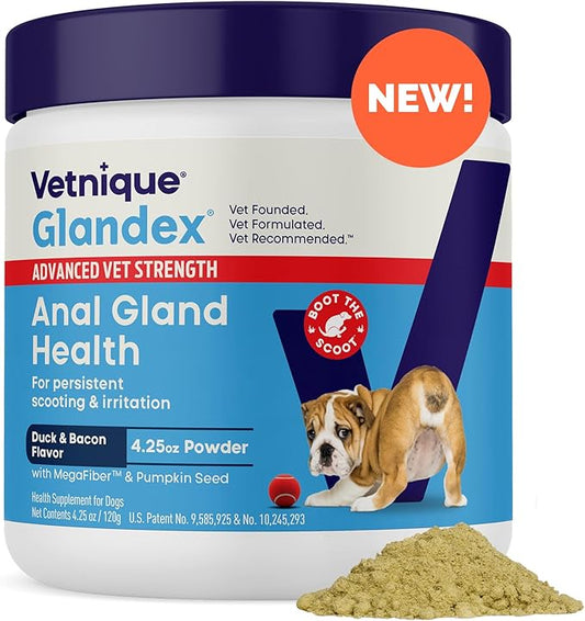 Glandex Dog Fiber Supplement Powder for Anal Glands with Pumpkin, Digestive Enzymes & Probiotics - (Regular or Advanced Strength) - Boot The Scoot (4.25 oz, Advanced Strength Duck & Bacon)-PawvioPets