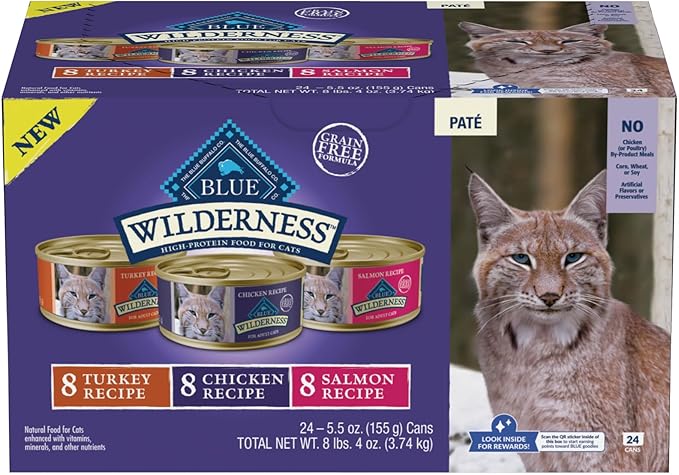 Blue Buffalo Wilderness High Protein, Natural Adult Pate Wet Cat Food Variety Pack, Chicken, Salmon, Turkey 5.5-oz can (24 count - 8 of Each Flavor)-PawvioPets