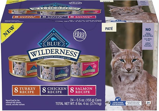 Blue Buffalo Wilderness High Protein, Natural Adult Pate Wet Cat Food Variety Pack, Chicken, Salmon, Turkey 5.5-oz can (24 count - 8 of Each Flavor)-PawvioPets