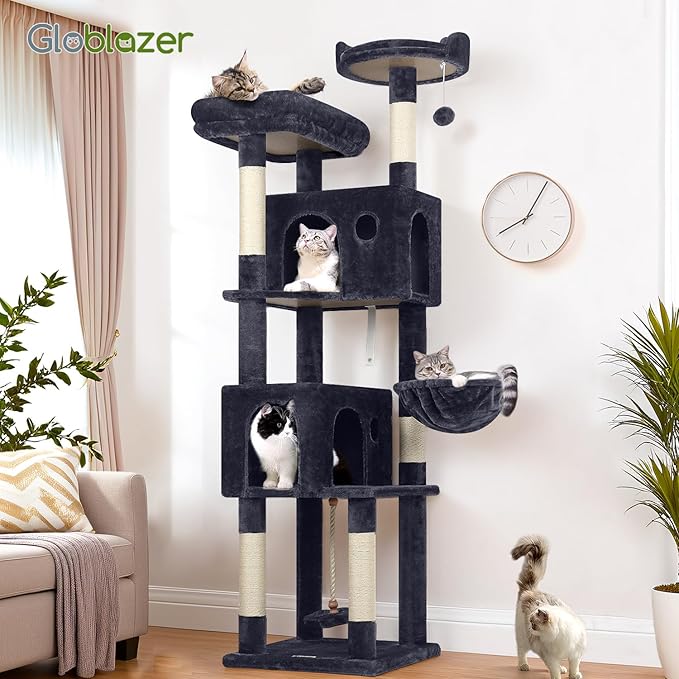 Globlazer Cat Tree, 70 inch Tall Scratching Tower Multi-Level Cat Condo for Indoor Multiple Cats with 2 Large Cat Caves, Top Perch, Large Platform, Bottom Swing, F70B, Dark Grey-PawvioPets