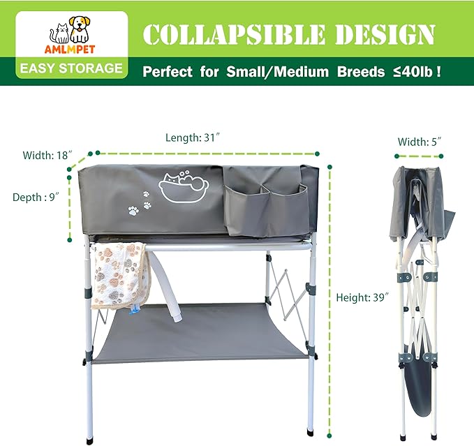 Elevated Dog Bathtub, Portable Dog Washing Station for Home with Towel Bar & Storage, Folding Pet Bath Tub for Small & Medium Dogs-PawvioPets