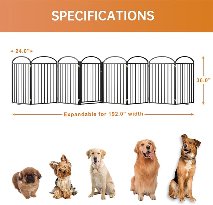 8 Panles Full Matel Freestanding Dog Gates with Door, 192"Extra Wide 36"Tall Free Standing Dog Pet Gate for Indoor & Outdoor. Foldable Pet Fences for Doorways, House, Stairs, Porch, Deck, Yard-PawvioPets