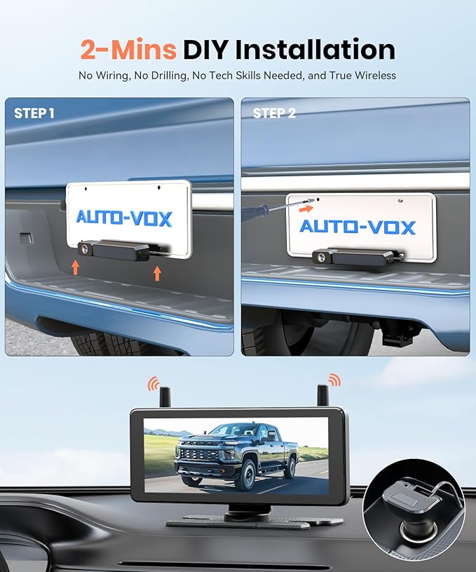 AUTO-VOX 7.2" DVR Portable Solar Wireless Backup Camera:HD 1080P 2 Min Quick Installation Support 2 Split Screen Back up Camera, IP69K Waterproof Reverse Camera for Car, Van, SUV, Truck, Trailer-PawvioPets