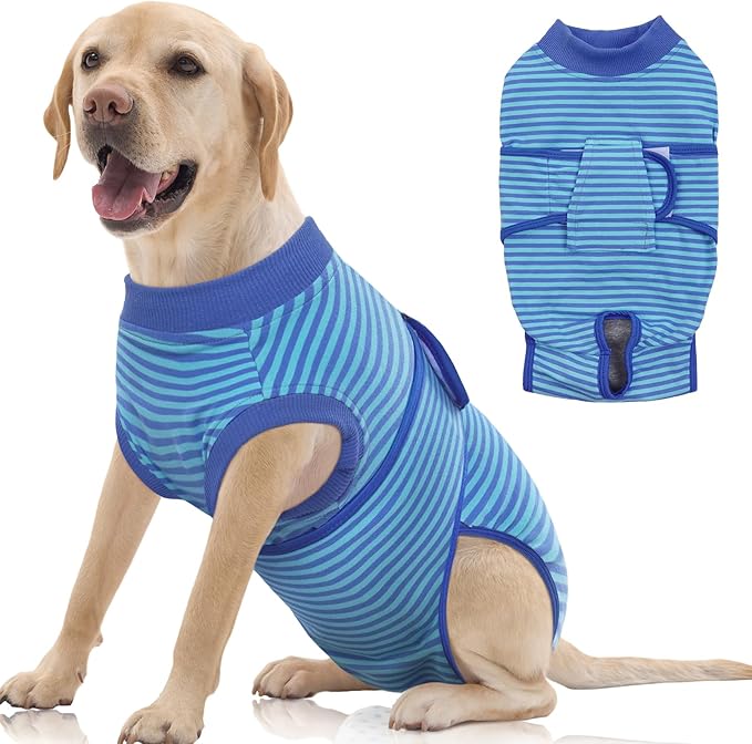 FUAMEY Recovery Suit for Dogs After Surgery,Soft Breathable Dog Bodysuit E-Collar & Cone Alternative Surgical Suit,Male Female Dog Neuter Spay Suits Anti Licking Wounds Onesie Navy Blue Strips XXL-PawvioPets