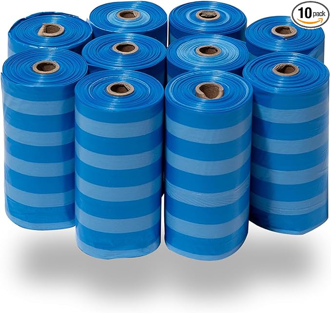 Best Pet Supplies Dog Poop Bags (150 Bags) for Waste Refuse Cleanup, Doggy Roll Replacements for Outdoor Puppy Walking and Travel, Leak Proof and Tear Resistant, Thick Plastic - Blue Strips-PawvioPets