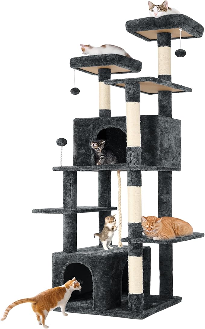 69in Large Cat Tree Tower for Indoor Cats with Soft Plush Hang Ball, Two Condos, Sisal Scratch Posts & Rope Play for Kittens/Adult Cats, Deep Grey-PawvioPets