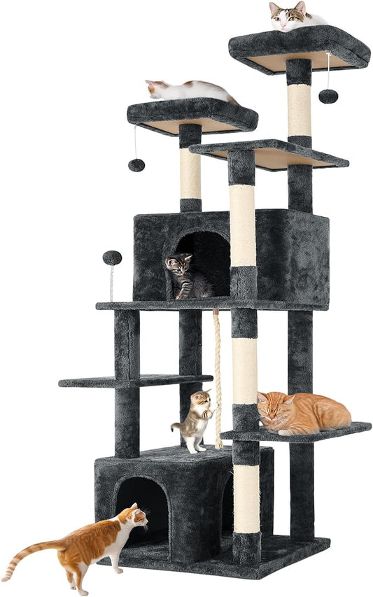 69in Large Cat Tree Tower for Indoor Cats with Soft Plush Hang Ball, Two Condos, Sisal Scratch Posts & Rope Play for Kittens/Adult Cats, Deep Grey-PawvioPets