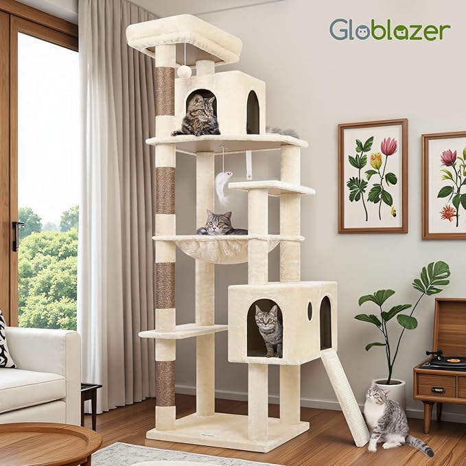 Globlazer Heavy Duty Cat Tree Tower, 70inch Sturdy Cat Tree for Indoor Cats Sturdy Large Cat Tower with Scratching Post and Scratching Board, Hammock, Cat Condo for Adult Cats Kittens, F70 Pro, Beige-PawvioPets