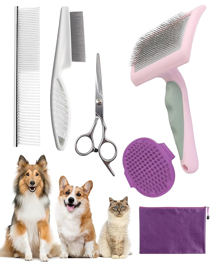 Dog Brush for Shedding Grooming,6 Pack Long-Pin Brush Set for Long Haired Dog Cat Goldendoodles Poodles Doodles Purple-PawvioPets