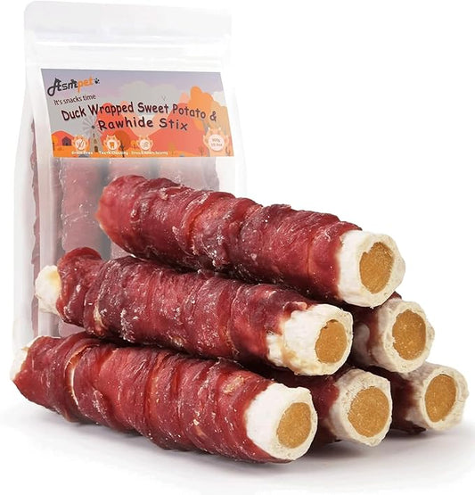 ASMPET Dog Treats Chews, Duck Wrapped Rawhide Sticks Filled with Sweet Potato for Small Medium Large Dogs（6pcs）-PawvioPets