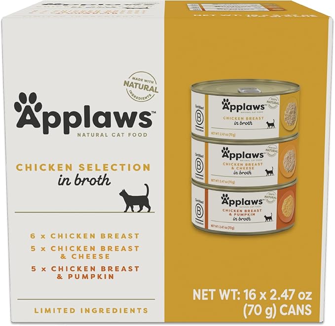 Applaws Natural Wet Canned Cat Food, Made with Limited and Natural Ingredients, Protein with No Artificial Additives, Chicken Selection Variety Pack in Broth (16 x 2.47oz Cans)-PawvioPets
