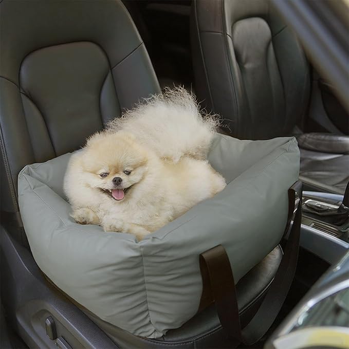 Dog Car Seat for Small Dogs, Large Leather Dog Car Bed with Storage Pocket, Waterproof PVC Leather Booster Seat Travel Bed for Front & Back Seat, Clip-On Safety Leash (Grey)-PawvioPets