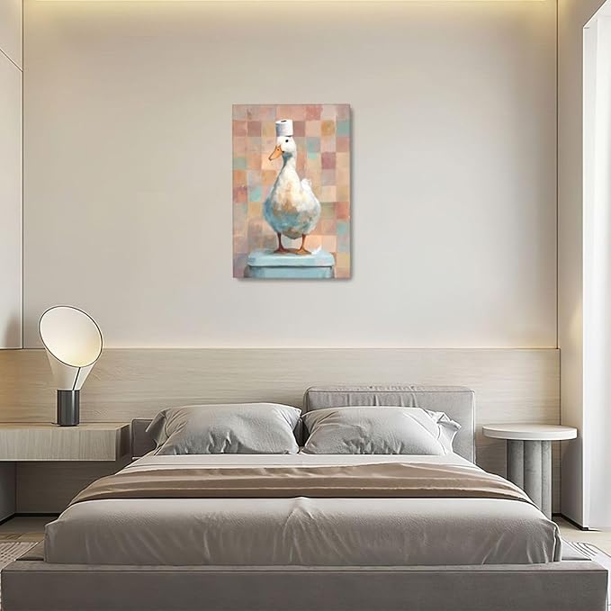 Funny Duck Bathroom Wall Art Cute Duck on Toilet Canvas Wall Decor Funny Quirky Farm Animal Pictures Painting Print Framed Artwork Decorations Gifts for Bathroom 16"x24"-PawvioPets