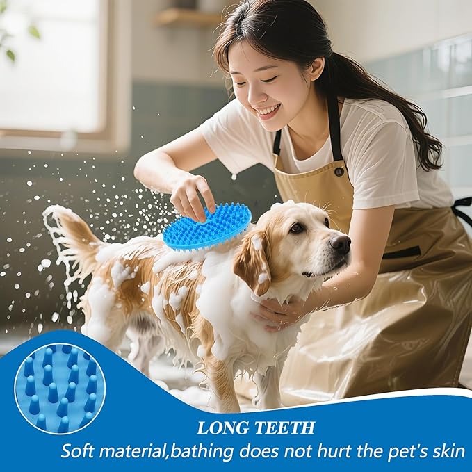 Dog Grooming Brush, Lilpep Pet Shampoo Bath Brush Soothing Massage Rubber Comb with Adjustable Ring Handle for Long Short Haired Dogs and Cats (2 pale blue, 2 sided brush)-PawvioPets