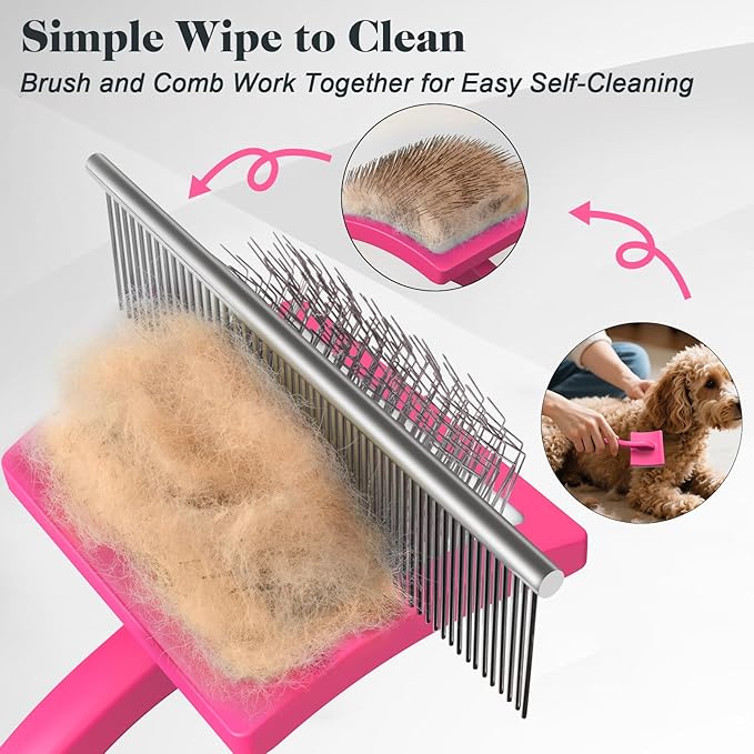 2PCS Slicker Brush for Dogs & Pet Comb,Professional Dog Grooming Brush (Goldendoodles,Poodles,Labradoodles) with Extra Long Pins to Effectively Remove Tangles, Knots and Mats (Pink)-PawvioPets