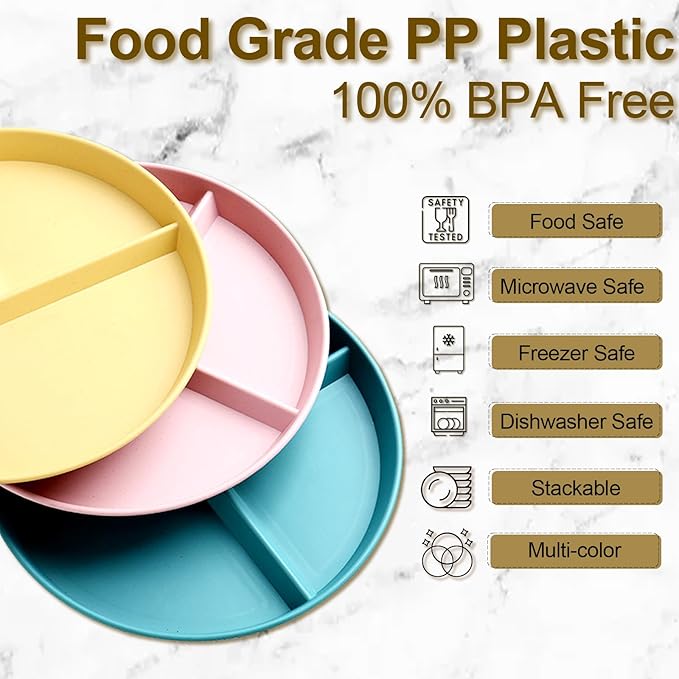 Divided Plates for Adults (8 Packs), Unbreakable Portion Control Plate Sectioned with Dividers, 9 Inch Plastic Food Separator Dinner Plates Lightweight Compartment BPA Free Reusable Microwave Safe-PawvioPets