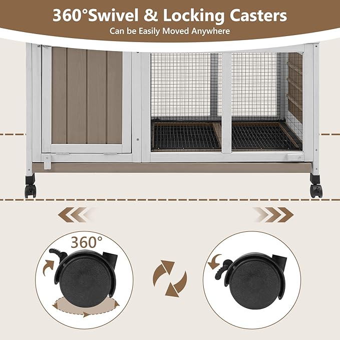 76''L Rabbit Hutch Outdoor Indoor with Wheels, Wooden 2 Story Bunny House Rabbit Cage with Run, Waterproof Roof, Pull Out Tray, Guinea Pig Cage Chicken Coop for Small to Medium Pets-PawvioPets
