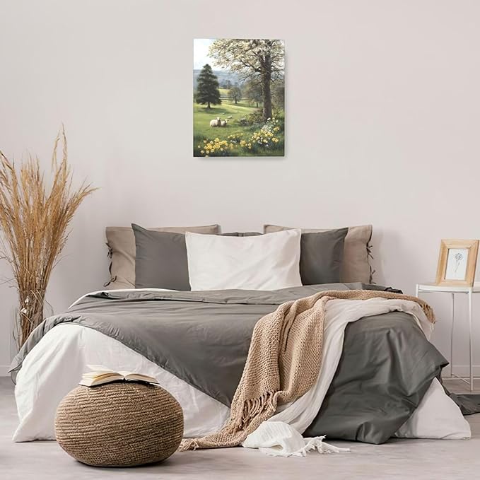 Country Sheep Canvas Wall Decor Farmhouse Rustic Lamb Wildflower Wall Art Nature Countryside Landscape Pictures Painting Print Framed Artwork Decorations for Bathroom Living Room Bedroom 16"x20"-PawvioPets