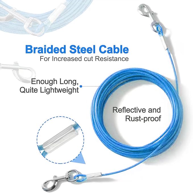 10FT Heavy Duty Dog Tie Out Cable for Large Dogs up to 125lbs, Durable Runner Tether Line (Blue)-PawvioPets