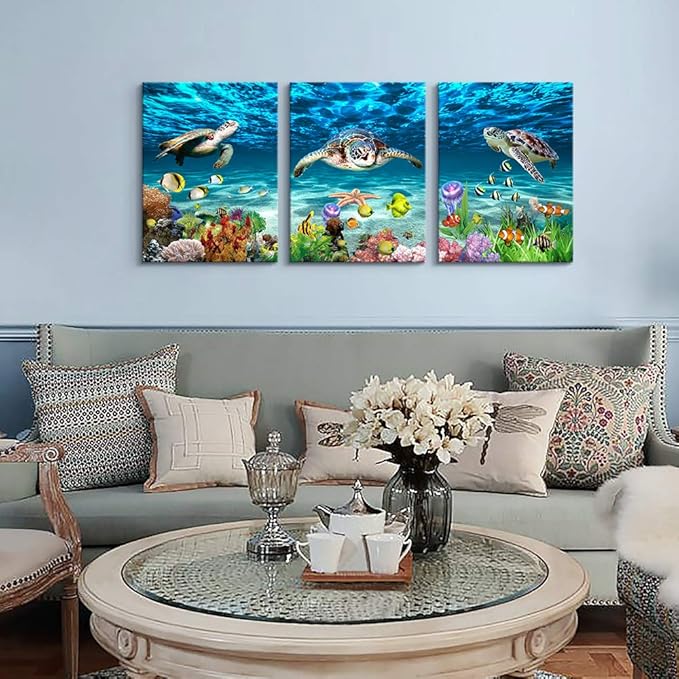 Canvas Wall Art for Living Room Large Size Wall decor for Bedroom Bathroom Wall Decoration blue Ocean Sea Turtle Paintings Modern shark Pictures Artwork office Decor Ready to Hang 16" x 24" 3 Piece-PawvioPets