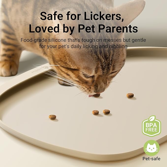 DownyPaws Dog Food Mats for Floors Waterproof, BPA Free Silcone Dog Bowl Mat, Non-Slip Pet Feeding Mat with High Raised Edge, Cat Placemat for Messy Drinkers, 18"×12.5", Almond-PawvioPets