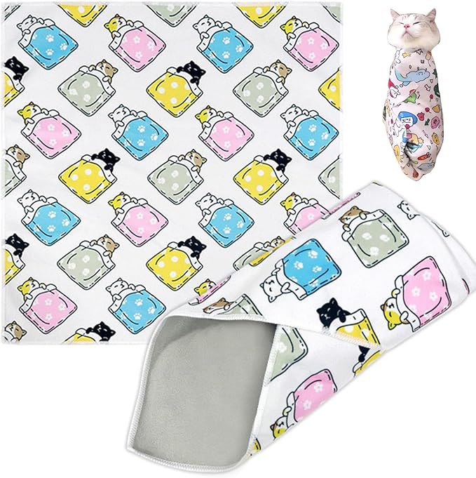 Cat Grooming Wrap, Cat Wrap Self-Adherent, Anti-Scratch Anti-Bite, Anti-Escape Grooming Bag for Cats Nail Clipping, Ear Cleaning, and Teeth Brushing (19.7 × 19.7" Cat Prints)-PawvioPets