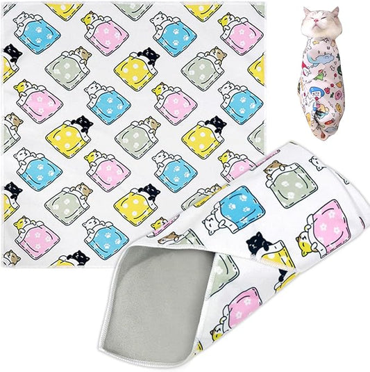 Cat Grooming Wrap, Cat Wrap Self-Adherent, Anti-Scratch Anti-Bite, Anti-Escape Grooming Bag for Cats Nail Clipping, Ear Cleaning, and Teeth Brushing (19.7 × 19.7" Cat Prints)-PawvioPets