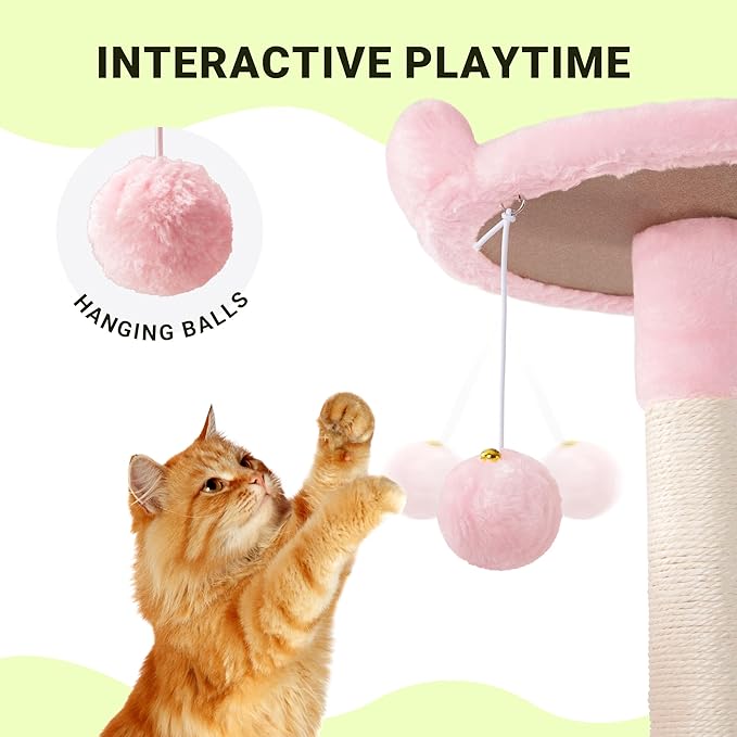 Allewie 64 Inches Cat Tree Tower/Multi-Level Activity Center for Indoor Big Felines/2 Plush Condos/2 Perchs/Basket/House/Sisal Scratching Posts/Hanging Cat Toys/Pink-PawvioPets