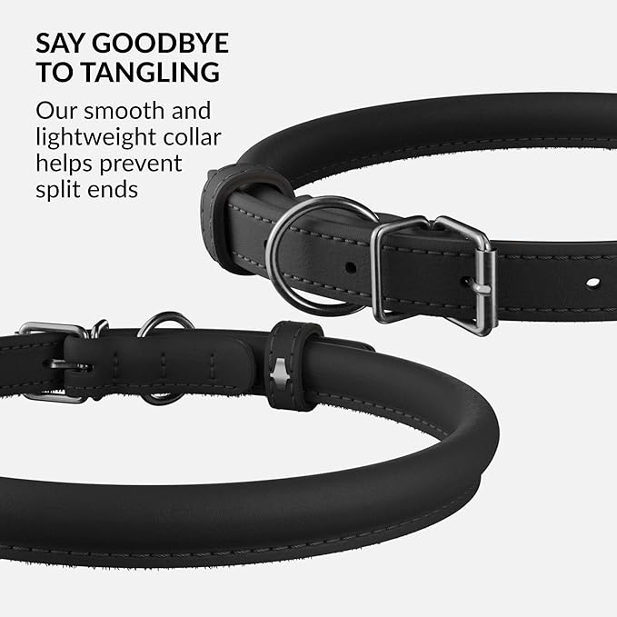 CollarDirect Rolled Leather Dog Collar, Soft Padded Round Puppy Collar, Handmade Genuine Leather Collar Dog Small Large Cat Collars 13 Colors (11-14 Inch, Black Smooth)-PawvioPets
