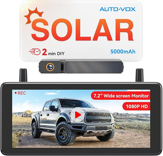 AUTO-VOX 7.2" DVR Portable Solar Wireless Backup Camera:HD 1080P 2 Min Quick Installation Support 2 Split Screen Back up Camera, IP69K Waterproof Reverse Camera for Car, Van, SUV, Truck, Trailer-PawvioPets