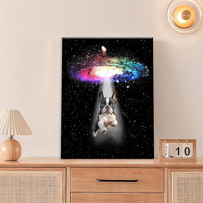 Funny Dog Wall Art Canvas Boston Terrier Wall Decor Prints Framed Painting Bulldog Galaxy Pictures Gifts Artwork for Bathroom 16"x20"-PawvioPets