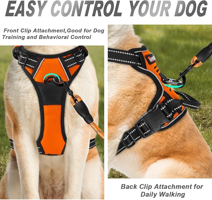 BARKBAY No Pull Dog Harness Front Clip Heavy Duty Reflective Easy Control Handle for Large Dog Walking(Orange,M)-PawvioPets