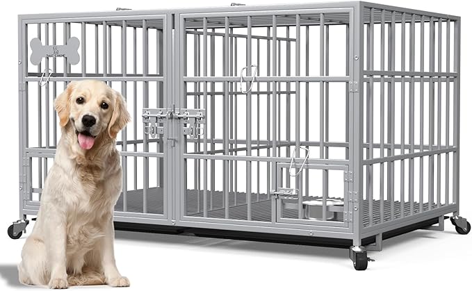 aboxoo 48/42 inch Heavy Duty Metal Dog Crate for 2 Dogs/Large Dog,All Metal Open Top,Dog Kennel Indoor with Wheels,Floor Grid, Tray, Divider and Feeding Bowl (Sliver)-PawvioPets