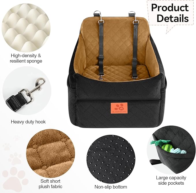 Dog Car Seat for Small/Medium Dogs, Dog Booster Car Seats with Thick Cushion for Dogs Under 35lbs, Detachable Washable Pet Car Seat with Storage Pockets, 2 Safety Belts(Black/Coffee)-PawvioPets