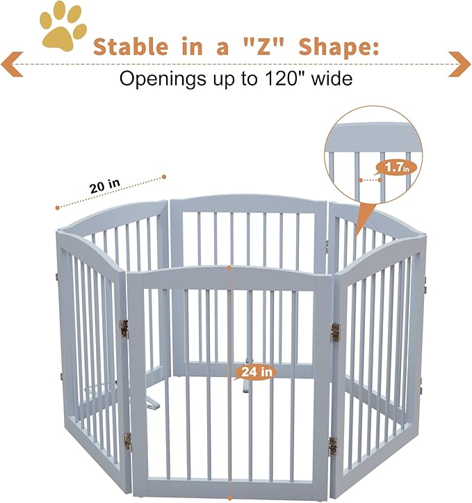 Freestanding Pet Gate for Dogs, Foldable Wooden Dog Gate for House, Extra Wide Indoor Pet Barrier for Stair, Doorway, Hall, Support Feet Included, 120 Inch Wide, 6 Panels 24", Grey-PawvioPets