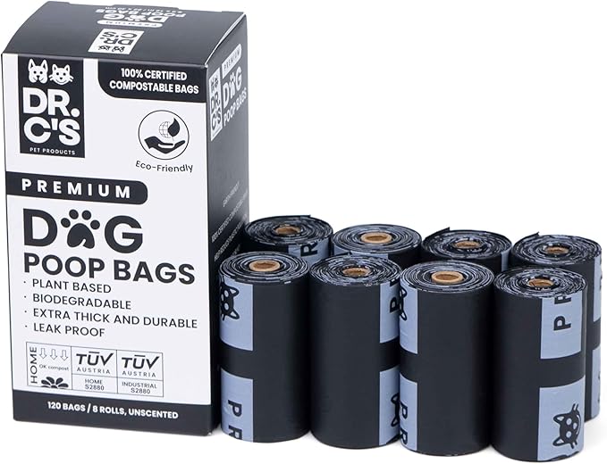 100% Certified Compostable Dog Poop Bags - Dr. C's Premium Dog Poop Bags - 120 Bags / 8 Rolls, Extra thick, Leak Proof, Unscented, Plant Based and Earth Friendly-PawvioPets