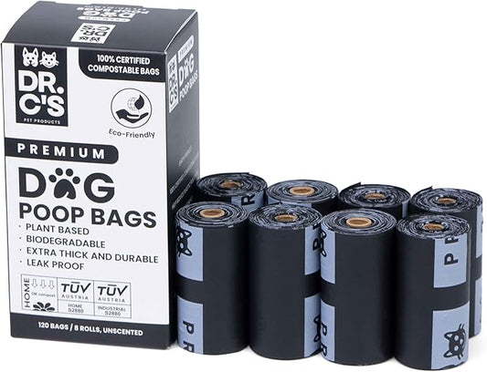 100% Certified Compostable Dog Poop Bags - Dr. C's Premium Dog Poop Bags - 120 Bags / 8 Rolls, Extra thick, Leak Proof, Unscented, Plant Based and Earth Friendly-PawvioPets