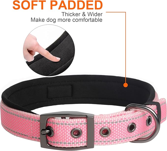 Fida Heavy Duty Dog Collar, Ultra Comfortable Soft Neoprene Padded, Adjustable Reflective Nylon Pet Collar with Durable Metal Belt Buckle for Small Breeds (S, Pink)-PawvioPets