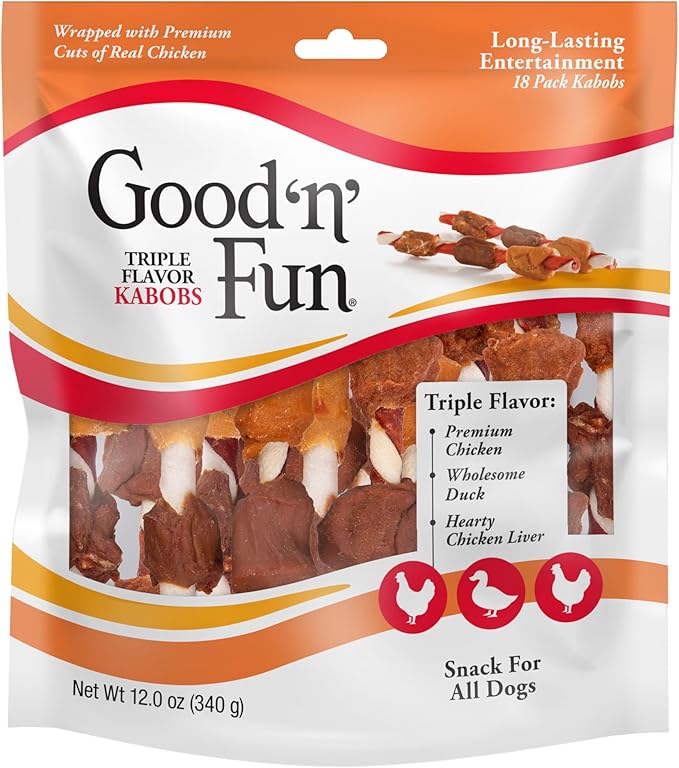 Good ‘n’ Fun Triple Flavor Kabobs Chews for All Dogs, 18 Count, Treat Your Dog to Chews Made from Beef Hide, Real Chicken, Pork Hide, Duck and Chicken Liver-PawvioPets