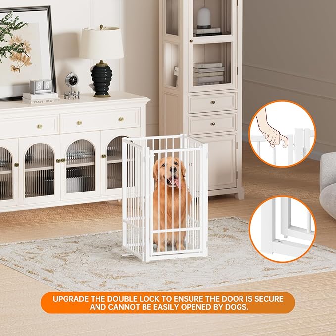 Full Metal Freestanding Dog Gate with Door, 36''Height Foldable Pet Dog Fence for Indoor & Outdoor, 4 Panels Extra Wide Free Standing TallDog Gates for Doorways,House,Stairs,Porch,Deck,Yard-PawvioPets