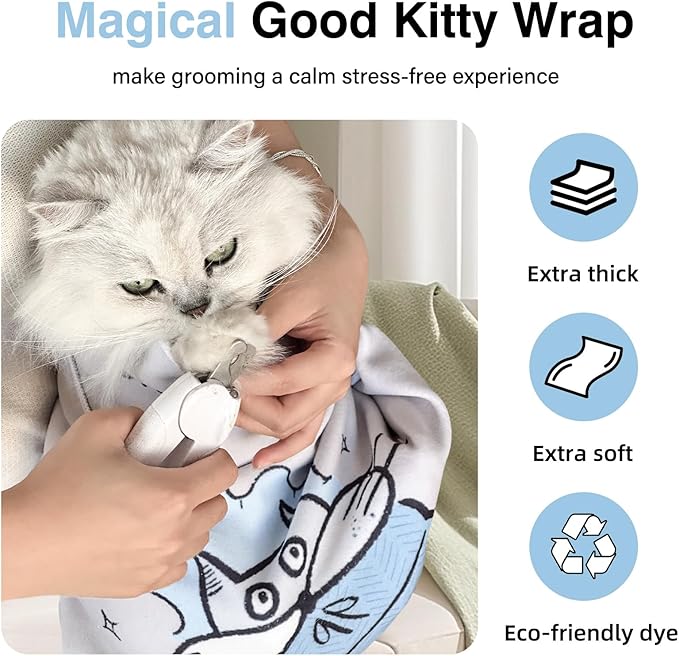 Cat Grooming Wrap: Premium Cat Wrap for Cutting Nails 2025 Thicker Upgraded, Self-Adherent Texture Hand Pocket Designed for Anti-Bite/Scratch, Eco-Friendly Dyed Funny Instruction & Pattern (Size L)-PawvioPets
