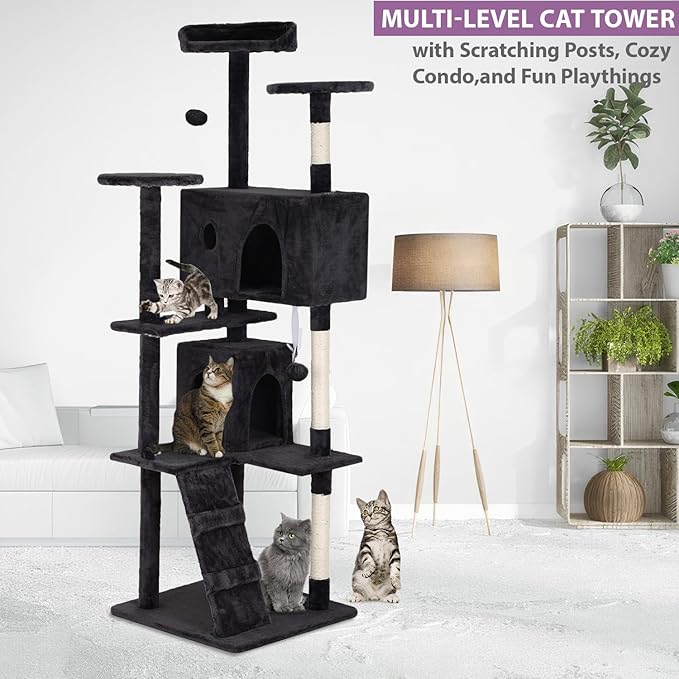 70 inches Cat Tower for Indoor Cats Multi-Level Cat Condos for XL Cat Tree Cat Climbing Tower with Scratching Posts, Hanging Toys,Dark Gray-PawvioPets
