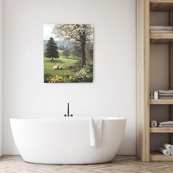 Country Sheep Canvas Wall Decor Farmhouse Rustic Lamb Wildflower Wall Art Nature Countryside Landscape Pictures Painting Print Framed Artwork Decorations for Bathroom Living Room Bedroom 24"x20"-PawvioPets