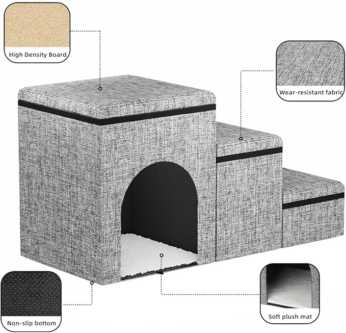 Dog Stairs with Storage, 3-Step Wider Dog Steps with Condo for Dogs and Cats, Pet Stairs for High Bed Climbing, Grey-PawvioPets
